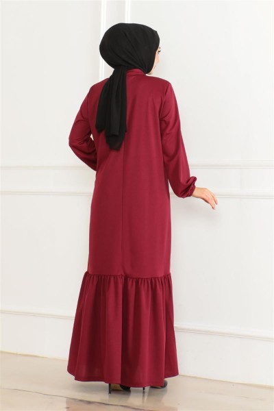 Taş Detaylı Tesettür Elbise BORDO - Thumbnail