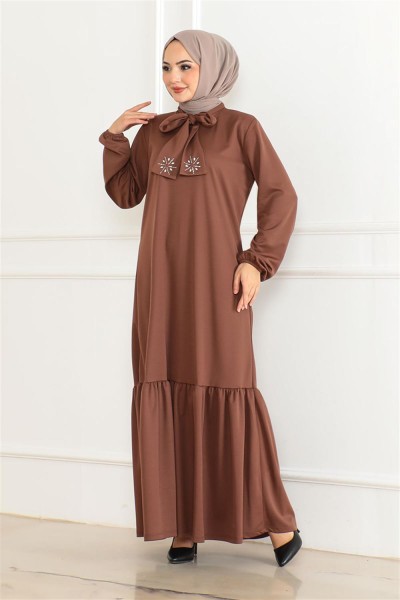Taş Detaylı Tesettür Elbise KAHVERENGİ - Thumbnail