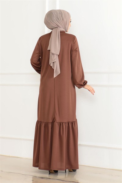 Taş Detaylı Tesettür Elbise KAHVERENGİ - Thumbnail
