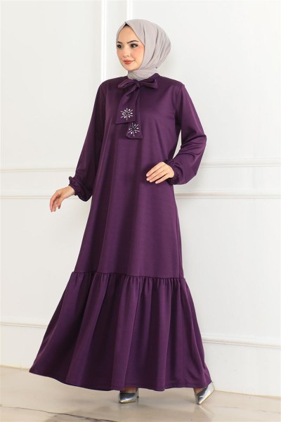 Taş Detaylı Tesettür Elbise MOR - Thumbnail