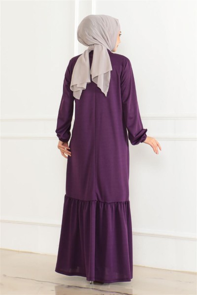 Taş Detaylı Tesettür Elbise MOR - Thumbnail
