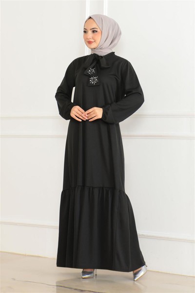 Taş Detaylı Tesettür Elbise SİYAH - Thumbnail