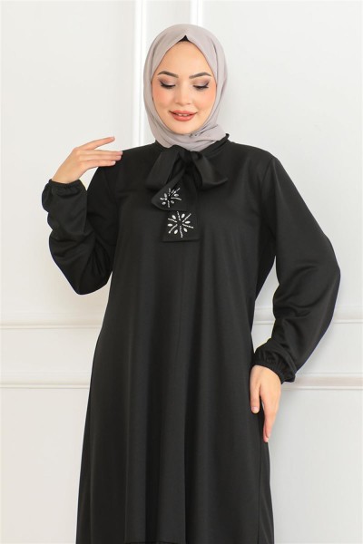 Taş Detaylı Tesettür Elbise SİYAH - Thumbnail