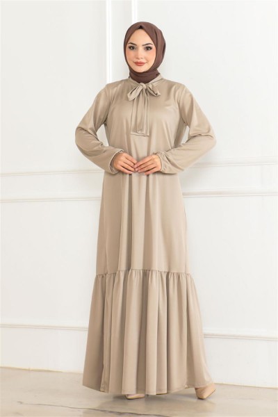 Taş Detaylı Tesettür Elbise VİZON - Thumbnail