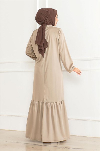 Taş Detaylı Tesettür Elbise VİZON - Thumbnail