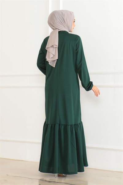 Taş Detaylı Tesettür Elbise ZÜMRÜT YEŞİLİ - Thumbnail