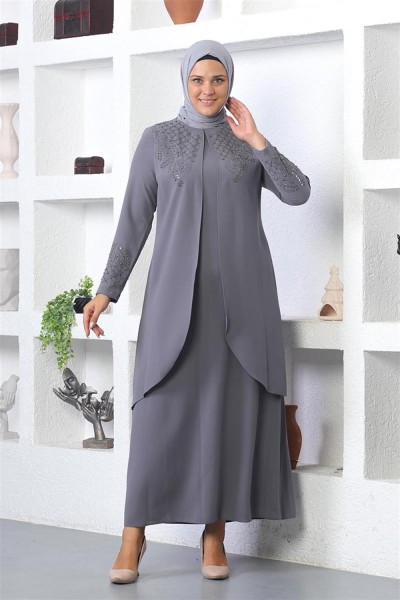 SMR - Taş İşlemeli Tesettür Elbise GRİ