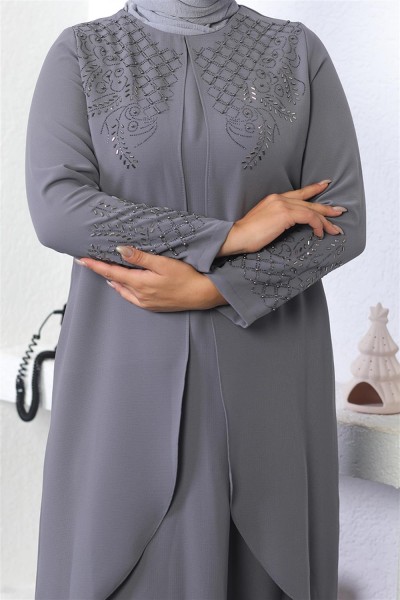 Taş İşlemeli Tesettür Elbise GRİ - Thumbnail