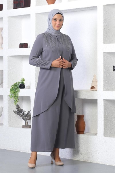 Taş İşlemeli Tesettür Elbise GRİ - Thumbnail