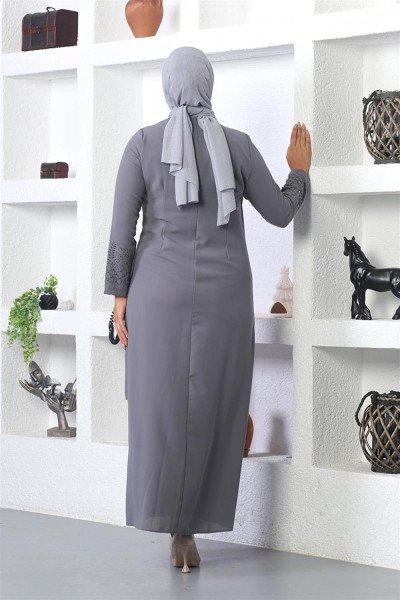 Taş İşlemeli Tesettür Elbise GRİ - Thumbnail