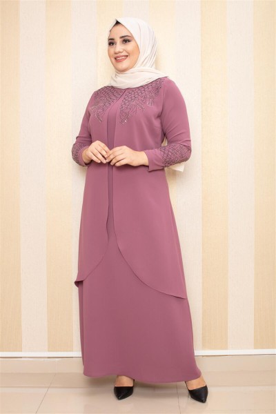 Taş İşlemeli Tesettür Elbise GÜL KURUSU - Thumbnail