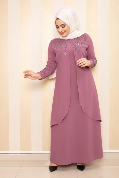 Taş İşlemeli Tesettür Elbise GÜL KURUSU - Thumbnail