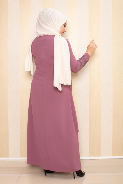 Taş İşlemeli Tesettür Elbise GÜL KURUSU - Thumbnail