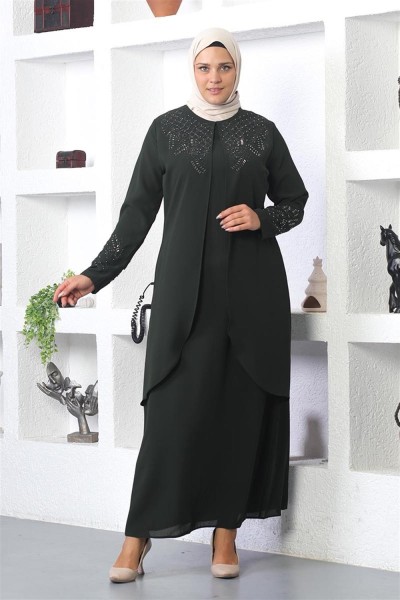 SMR - Taş İşlemeli Tesettür Elbise HAKİ