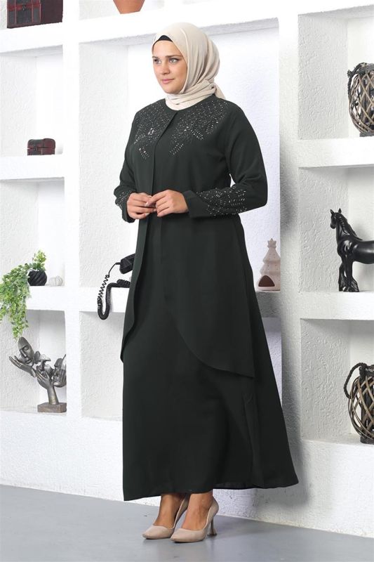 Taş İşlemeli Tesettür Elbise HAKİ - 3