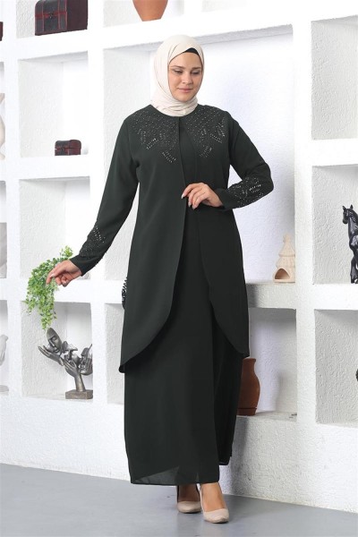 Taş İşlemeli Tesettür Elbise HAKİ - Thumbnail