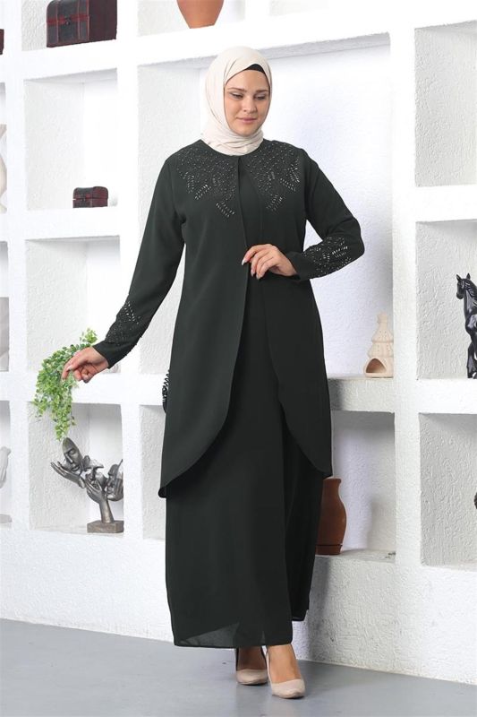 Taş İşlemeli Tesettür Elbise HAKİ - 4