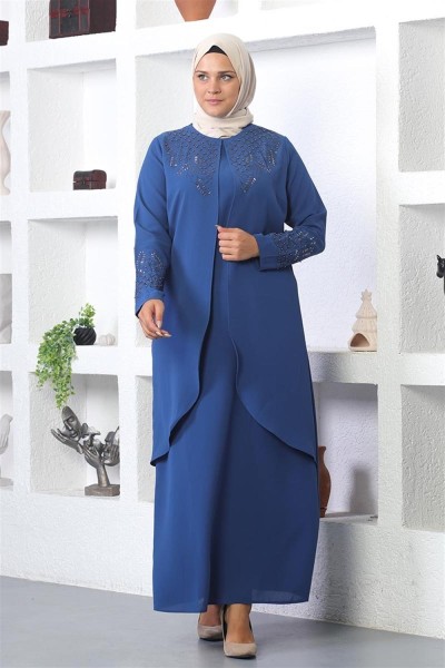 SMR - Taş İşlemeli Tesettür Elbise İNDİGO