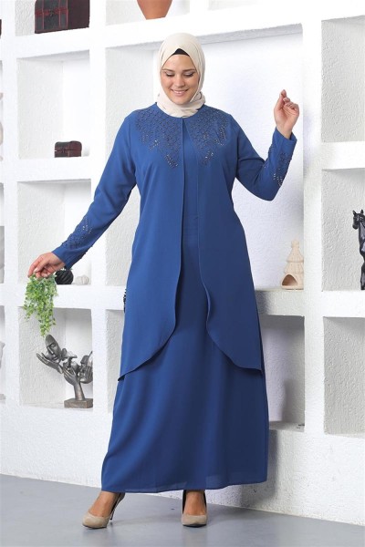Taş İşlemeli Tesettür Elbise İNDİGO - Thumbnail
