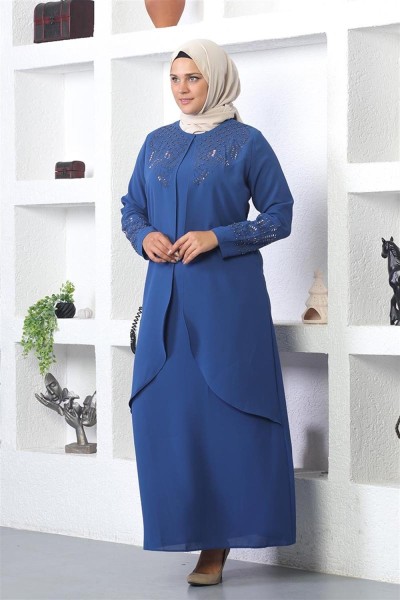 Taş İşlemeli Tesettür Elbise İNDİGO - Thumbnail