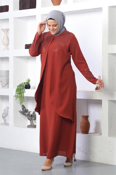 Taş İşlemeli Tesettür Elbise KİREMİT - Thumbnail
