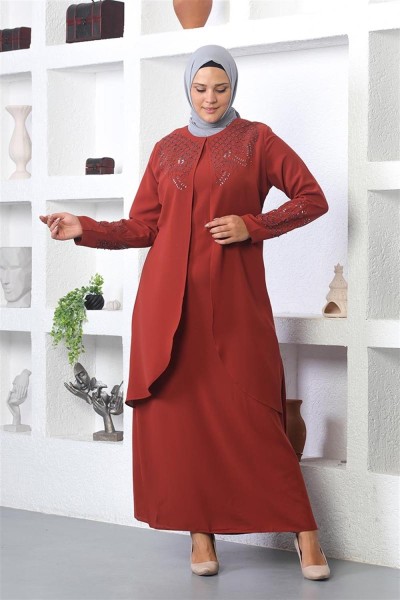 Taş İşlemeli Tesettür Elbise KİREMİT - Thumbnail