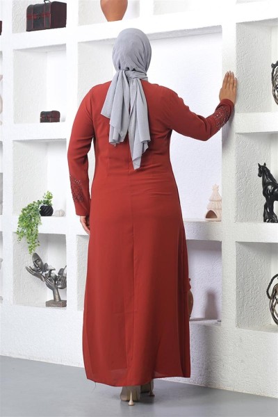 Taş İşlemeli Tesettür Elbise KİREMİT - Thumbnail