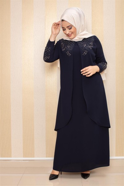 SMR - Taş İşlemeli Tesettür Elbise LACİVERT