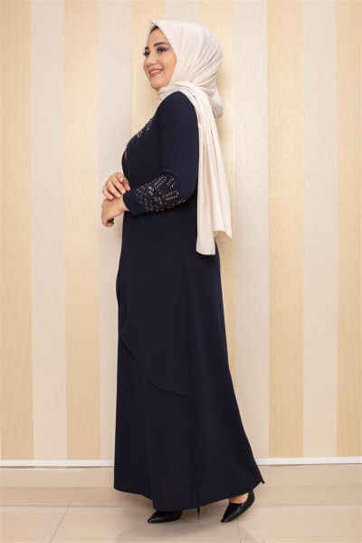 Taş İşlemeli Tesettür Elbise LACİVERT - Thumbnail