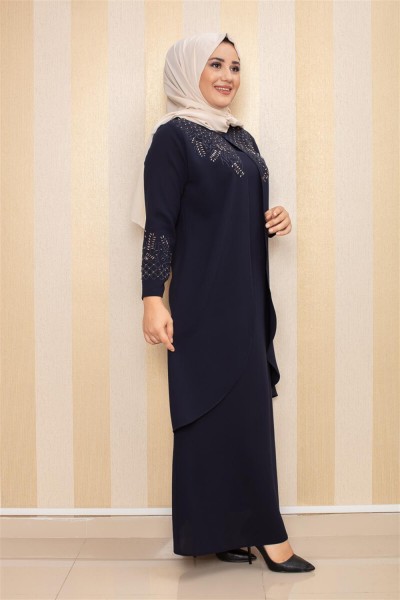 Taş İşlemeli Tesettür Elbise LACİVERT - Thumbnail
