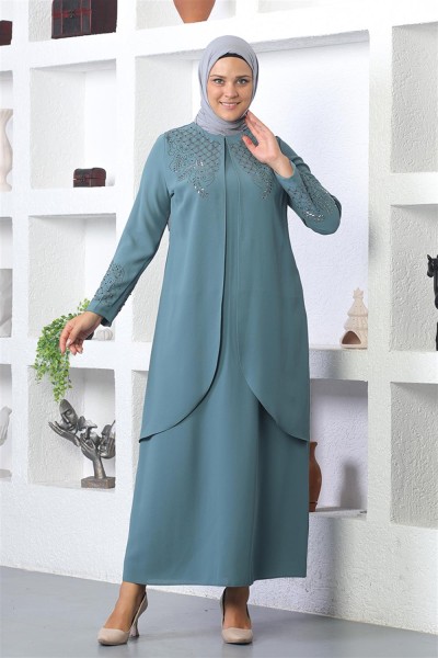 SMR - Taş İşlemeli Tesettür Elbise MİNT