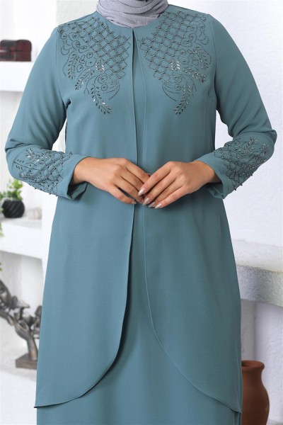 Taş İşlemeli Tesettür Elbise MİNT - Thumbnail