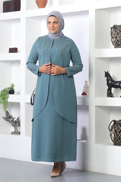 Taş İşlemeli Tesettür Elbise MİNT - Thumbnail