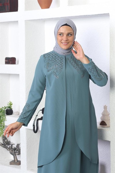 Taş İşlemeli Tesettür Elbise MİNT - Thumbnail