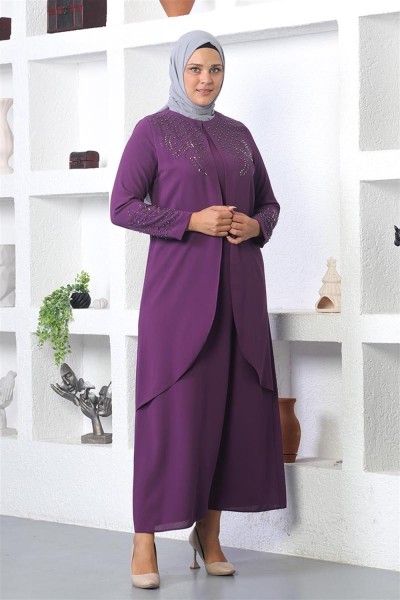Taş İşlemeli Tesettür Elbise MÜRDÜM - Thumbnail