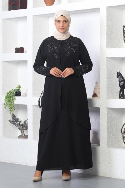 SMR - Taş İşlemeli Tesettür Elbise SİYAH