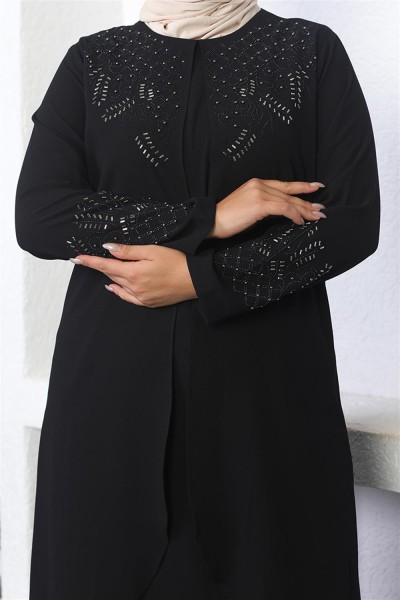 Taş İşlemeli Tesettür Elbise SİYAH - Thumbnail