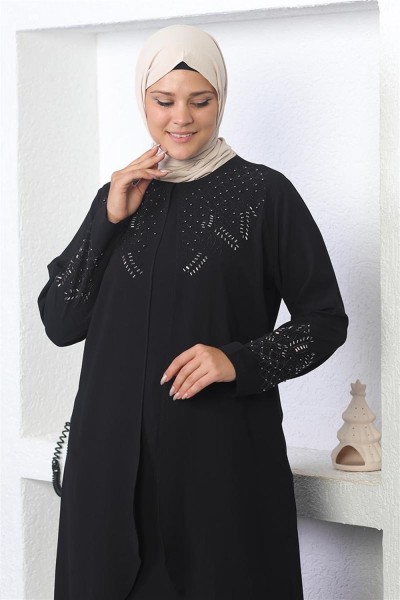 Taş İşlemeli Tesettür Elbise SİYAH - Thumbnail