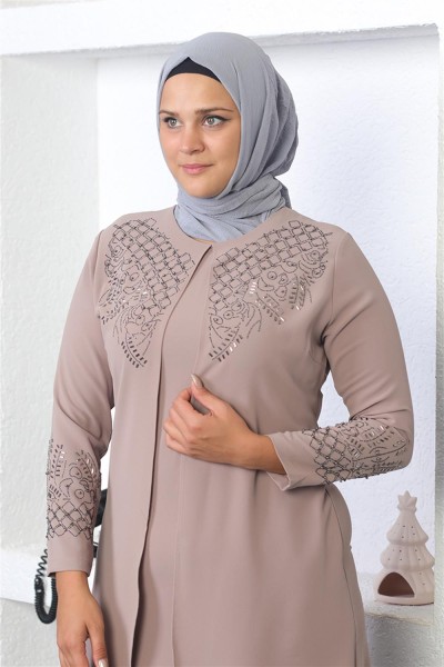 Taş İşlemeli Tesettür Elbise VİZON - Thumbnail