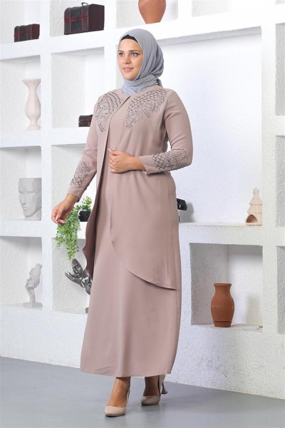 Taş İşlemeli Tesettür Elbise VİZON - Thumbnail