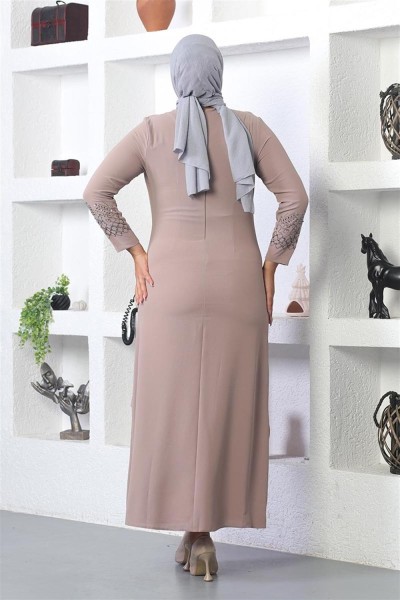 Taş İşlemeli Tesettür Elbise VİZON - Thumbnail