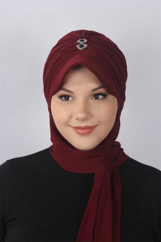 Taşlı Atkılı Şapka Bordo - 1