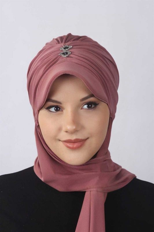Taşlı Atkılı Şapka Gül Kurusu - 1
