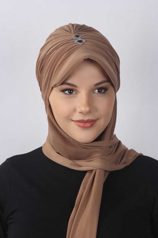 Taşlı Atkılı Şapka  Karamel - 1