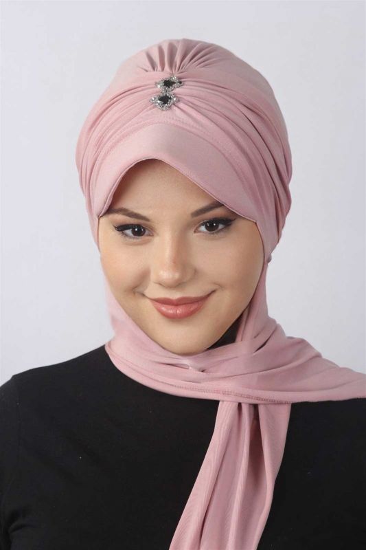 Taşlı Atkılı Şapka Pudra - 1
