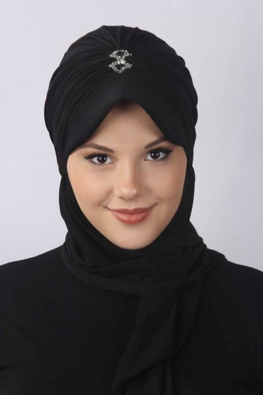 Taşlı Atkılı Şapka Siyah - 1