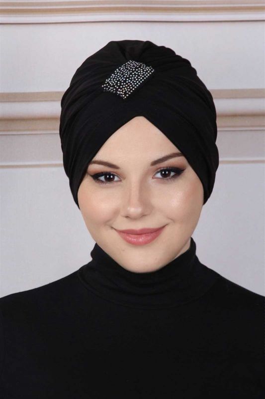 Taşlı Çapraz Bone Siyah - 1