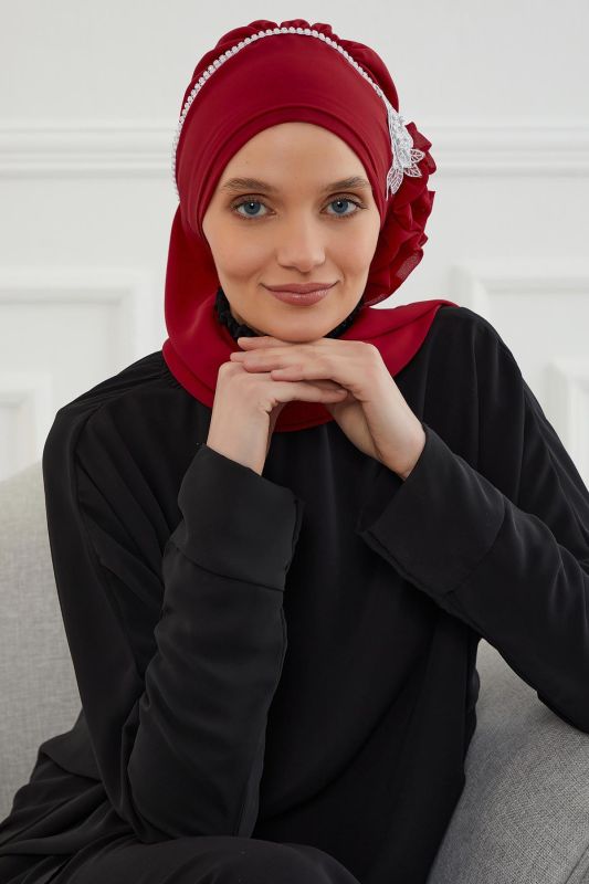 Taşlı Çiçek Aksesuarlı Tasarım Şifon Hazır Türban,HT-62 Bordo - 5