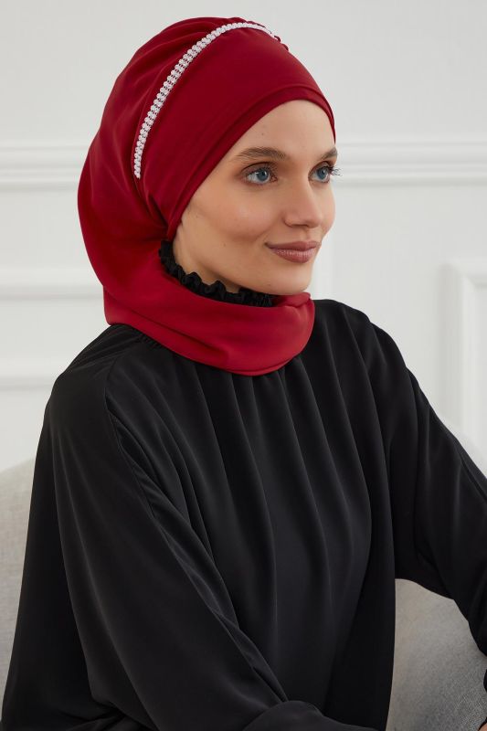 Taşlı Çiçek Aksesuarlı Tasarım Şifon Hazır Türban,HT-62 Bordo - 6