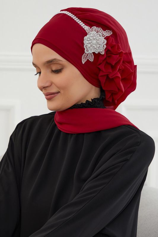 Taşlı Çiçek Aksesuarlı Tasarım Şifon Hazır Türban,HT-62 Bordo - 7